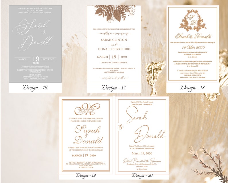 May include: Five different wedding invitation designs with a white background and gold accents. The invitations feature the names "Sarah & Donald" and the wedding date "March 19, 2050".