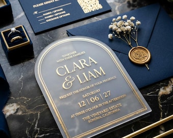 Acrylic Wedding Invitation Suite, Arch Gold Foil Invites, Navy Envelope with Wax Seal & QR Code RSVP, Custom Clear Acrylic Wedding Set