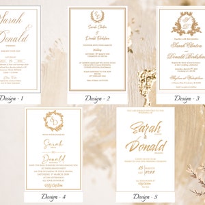 May include: Five different wedding invitation designs with gold accents and calligraphy. The designs feature a wreath with the initials "S" and "D" and the names "Sarah" and "Donald".