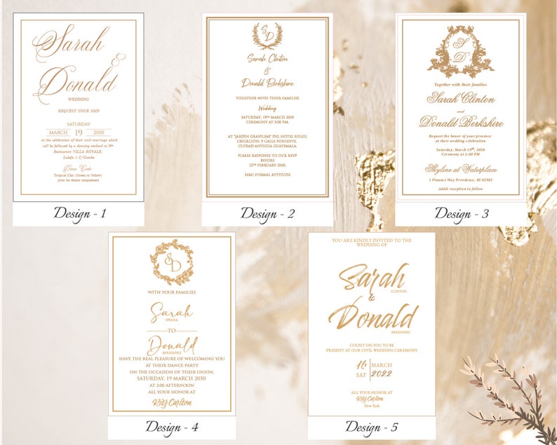 May include: Five different wedding invitation designs with gold accents and calligraphy. The designs feature a wreath with the initials "S" and "D" and the names "Sarah" and "Donald".