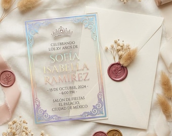 Quinceanera Acrylic Invitation Holographic Crown Design Luxury Birthday Stationery Elegant Party Announcement Sweet Fifteen Celebration