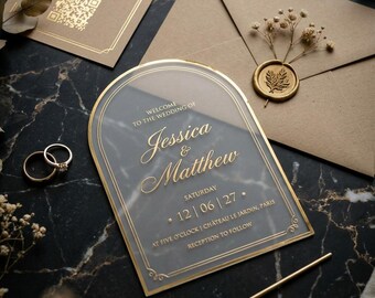 Arch Acrylic Wedding Invitations with Gold Foil, Wax Seal Wedding Invites, Kraft Envelope Suite, Custom Quinceanera Invitation Card