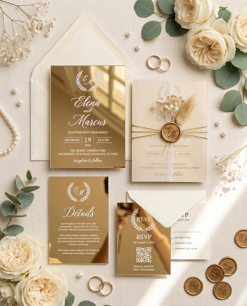 Gold mirror acrylic wedding invitation suite flat lay with ivory envelope, vellum wrap, dried flowers, RSVP card and gold wax seals