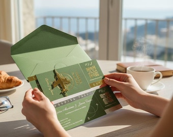Set di inviti per matrimonio a tema viaggio, carta d'imbarco in lamina d'oro, verde oliva
