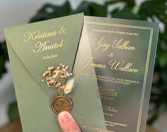 Invito Matrimonio in Acrilico Satinato con Foglia d'Oro, Busta Verde Bosco, Partecipazioni di Lusso Eleganti, Suite Matrimonio Smeraldo 2026