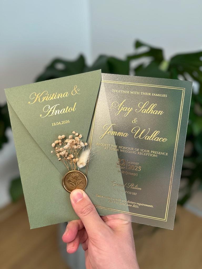 Gold Foil Sage Frosted Acrylic Invitations