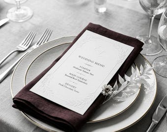 Wedding Menu Cards, Printed Menu Cards for Wedding Table, Elegant Custom Menu with Monogram, Minimalist Botanical Dinner Menu