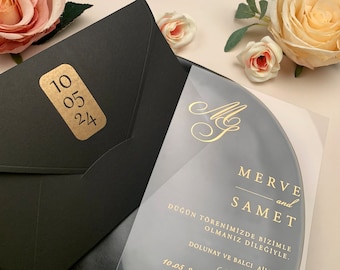 Gold and Black Elegant Acrylic Wedding Invitations Bundle Set, Real Gold Foil Minimalist Invitations, Unique Design Wedding Invitations