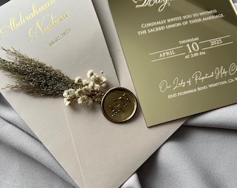 Gold Mirror Acrylic Wedding Invitation – Arch, Wax Seal & Dried Flowers