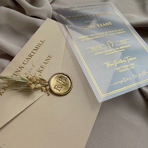 Elegante invitación de boda acrílica con detalles en lámina de oro, invitación de boda de lujo con estampado de lámina de rubor frustrada, invitación única de champán imagen 3