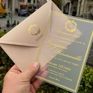 Elegante invitación de boda acrílica con detalles en lámina de oro, invitación de boda de lujo con estampado de lámina de rubor frustrada, invitación única de champán imagen 7