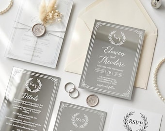 Mirror Acrylic Wedding Invitation Suite with RSVP & Details Card, Silver Frosted Acrylic Wedding Invites with Vellum Envelopes, QR Code RSVP