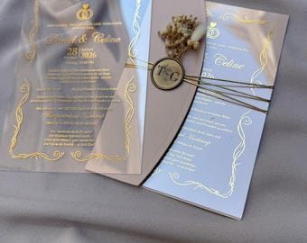 Invito di nozze in lamina d'oro: vero materiale acrilico con stampa in lamina d'oro vera, pergamena personalizzata, design moderno