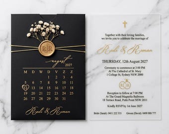 Black and Gold Acrylic Wedding Invitation, Gold Foil Calendar Pocket Sleeve, Wax Seal Dried Flower Suite, Custom Personalized Cards