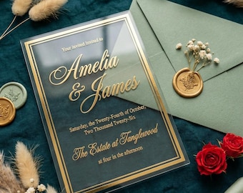 Invito Matrimonio in Acrilico con Foglia d'Oro, Busta Verde Salvia, Partecipazioni di Lusso Eleganti, Suite Matrimonio Minimalista, 2026