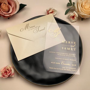 Gold Wedding Invitations, Clear or Frosted Acrylic Invitations, Elegant Wedding Invitation with Gold Foil Writings, Birthday Invitation