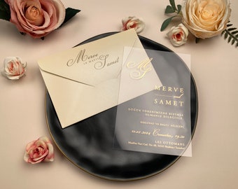 Gold Wedding Invitations, Clear or Frosted Acrylic Invitations, Elegant Wedding Invitation with Gold Foil Writings, Birthday Invitation