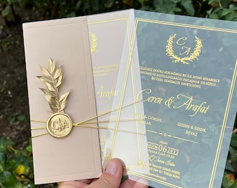 Frosted Acrylic Wedding Invitation with Gold Wax Seal, Gold Foil Monogram Crest, Nude Envelope & Gold Leaf, Luxury Invitation Set