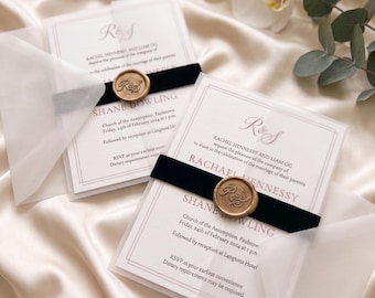 Vellum Wrap Wedding Invitation with Black Ribbon & Gold Wax Seal, Dusty Rose Wedding Invitations, Elegant Custom Invitation Suite