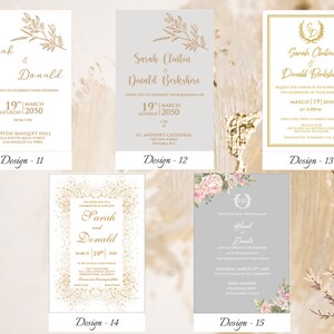 May include: Five different wedding invitation designs with gold and white text on a variety of backgrounds. The designs feature floral elements, glitter, and calligraphy. The text includes the names "Sarah" and "Donald" and the date "March 19, 2050".