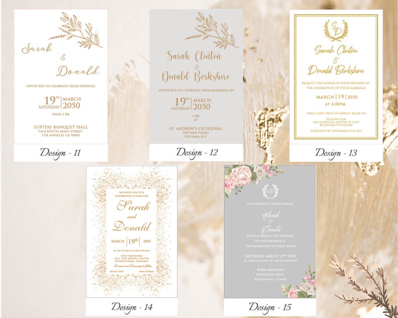 May include: Five different wedding invitation designs with gold and white text on a variety of backgrounds. The designs feature floral elements, glitter, and calligraphy. The text includes the names "Sarah" and "Donald" and the date "March 19, 2050".
