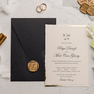 Schwarz & Elfenbein Hochzeitseinladungsset, minimalistische Einladung, Umschlag mit Siegel, Folie bedruckte Einladung, Einladung zum Probeessen