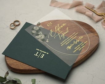 Green Acrylic Wedding Invitation, Foil Minimalist Invite