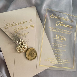 Elegante invitación de boda acrílica con detalles en lámina de oro, invitación de boda de lujo con estampado de lámina de rubor frustrada, invitación única de champán imagen 9