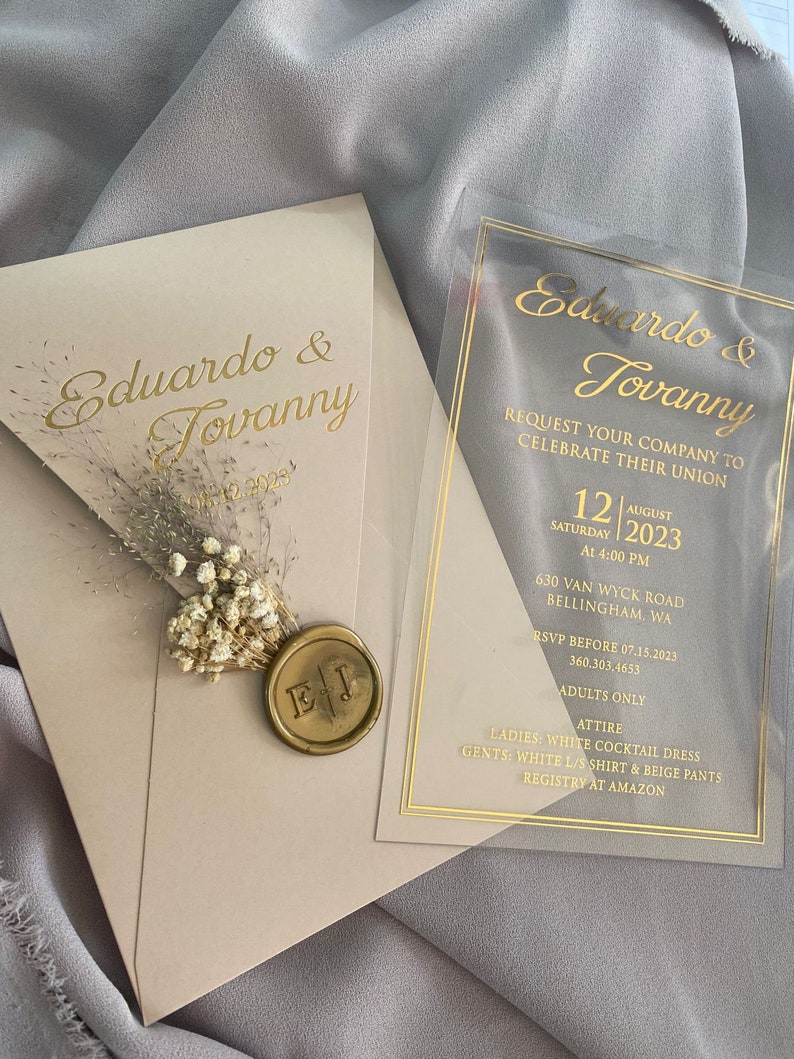 Elegante invitación de boda acrílica con detalles en lámina de oro, invitación de boda de lujo con estampado de lámina de rubor frustrada, invitación única de champán imagen 9