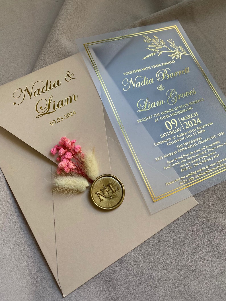 Elegante invitación de boda acrílica con detalles en lámina de oro, invitación de boda de lujo con estampado de lámina de rubor frustrada, invitación única de champán imagen 2