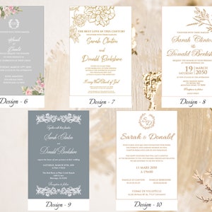 May include: Ten different wedding invitation designs with various floral patterns and text. The designs are in shades of gray, white, and gold.