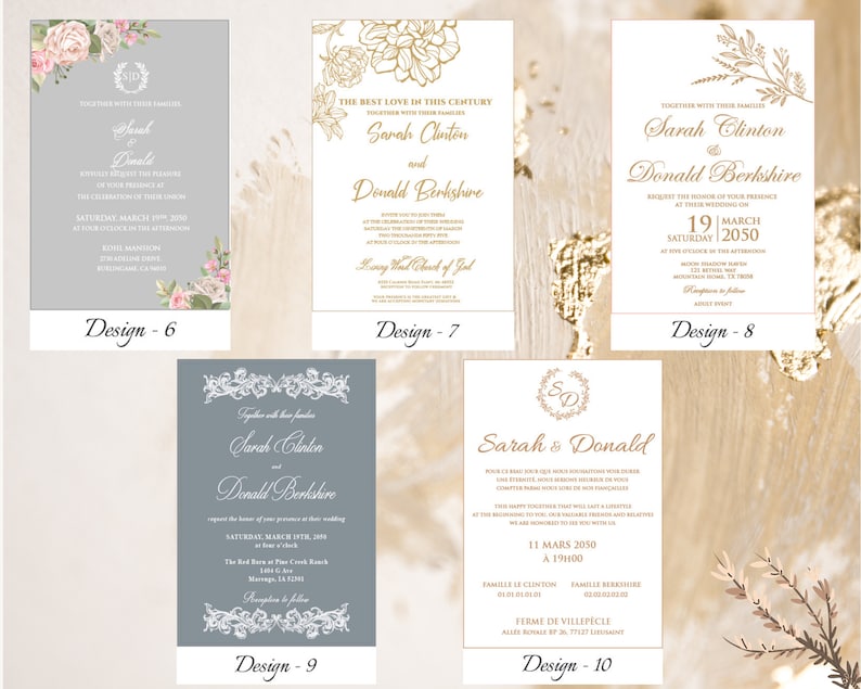 May include: Ten different wedding invitation designs with various floral patterns and text. The designs are in shades of gray, white, and gold.