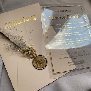 Elegante invitación de boda acrílica con detalles en lámina de oro, invitación de boda de lujo con estampado de lámina de rubor frustrada, invitación única de champán imagen 5