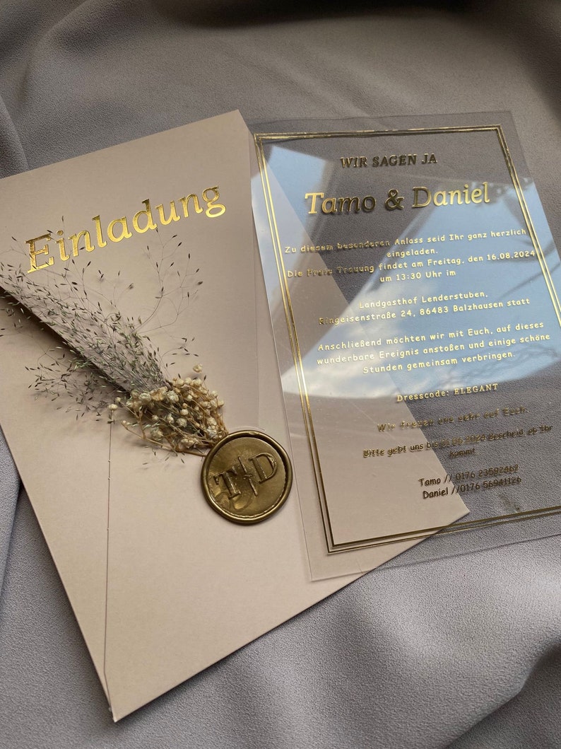 Elegante invitación de boda acrílica con detalles en lámina de oro, invitación de boda de lujo con estampado de lámina de rubor frustrada, invitación única de champán imagen 5