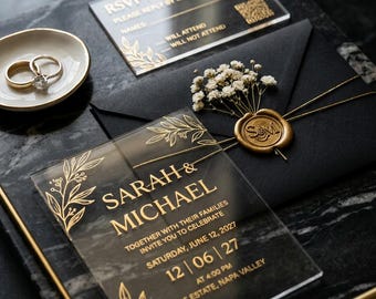 Acrylic Wedding Invitation Suite with RSVP Card: Clear Gold Botanical Suite Elegant Cream Envelopes, Wedding Detail Card, QR Code RSVP