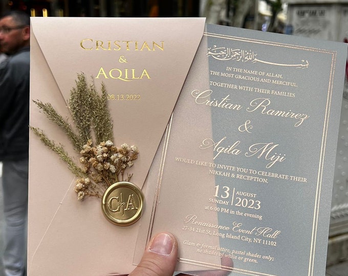 Featured listing image: Elegant Acrylic Wedding Invitation with Gold Foil Accents, Blush Foil-Stamped luxury Wedding Invitation foiled, Champagne Unique Invitation