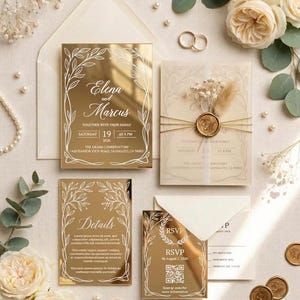 Gold mirror acrylic wedding invitation suite flat lay with ivory envelope, vellum wrap, dried flowers, RSVP card and gold wax seals
