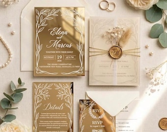 Gold Mirror Acrylic Wedding Invitation Suite with Vellum Envelope, Dried Flowers & Wax Seal, RSVP and Details Card, QR Code Wedding Invites