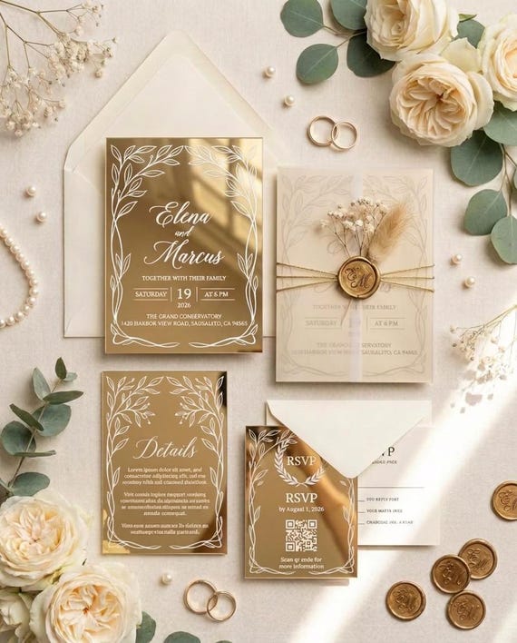 Gold Mirror Acrylic Wedding Invitation Suite with Vellum Envelope, Dried Flowers & Wax Seal, RSVP and Details Card, QR Code Wedding Invites