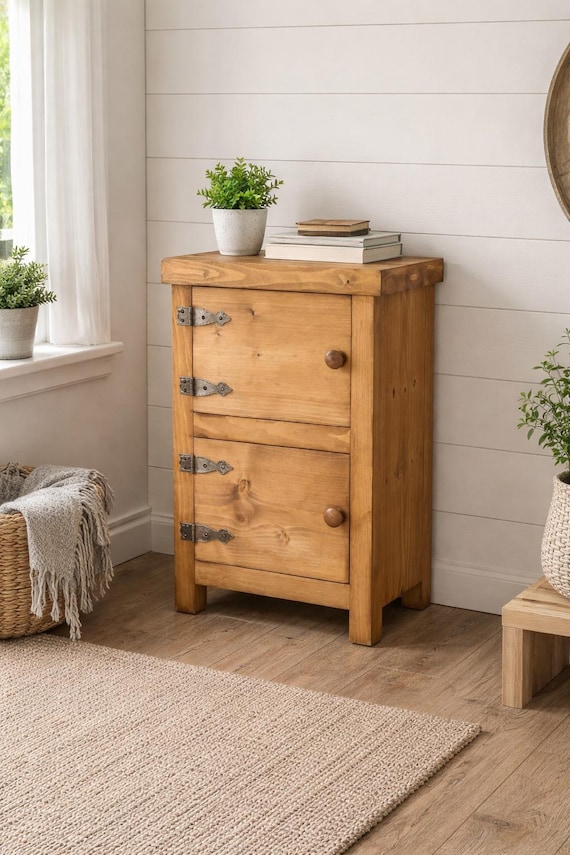 A Rustic Display Cabinet Occasional or Bedside Table made from Chunky Solid Wood.