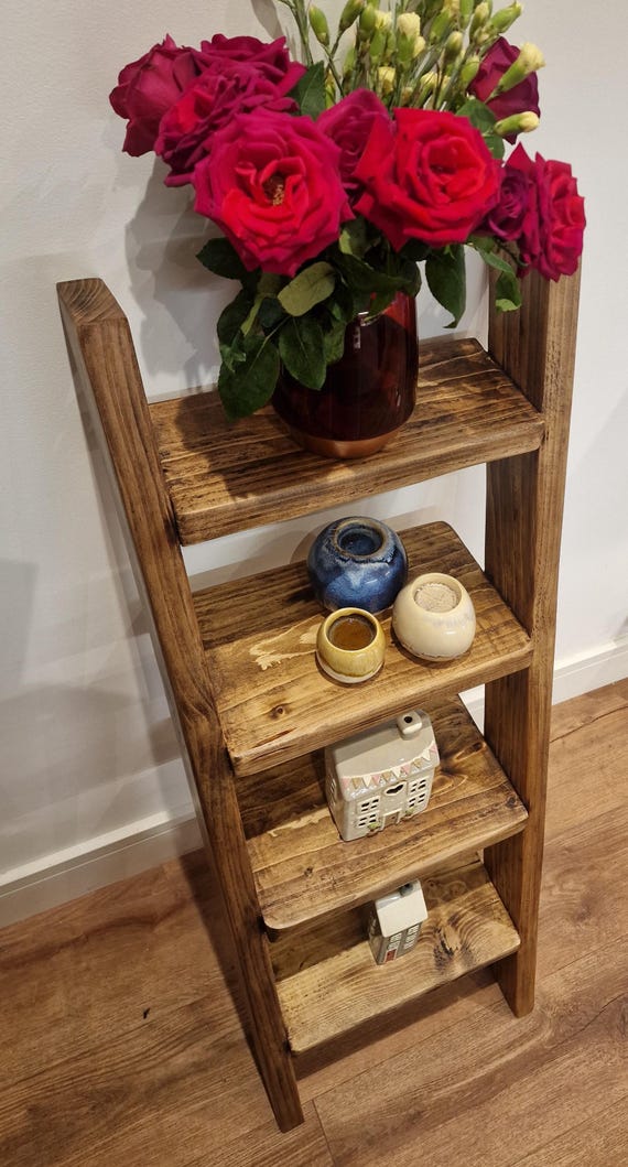 Rustic Vintage Reclaimed Chunky Wood Ladder Bookcase or Ladder Display Unit