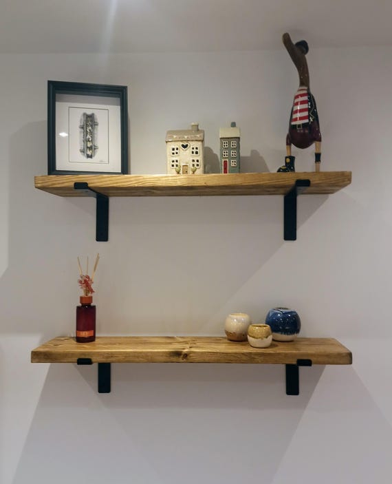 Rustic Industrial Vintage Wooden Shelf | Shelves Reclaimed Solid Wood | Steel Brackets | Country Cottage Style