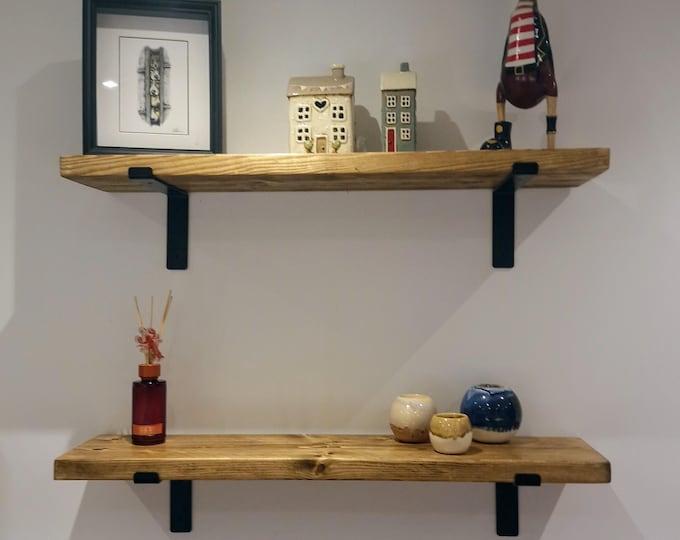 Rustic Industrial Vintage Wooden Shelf | Shelves Reclaimed Solid Wood | Steel Brackets | Country Cottage Style