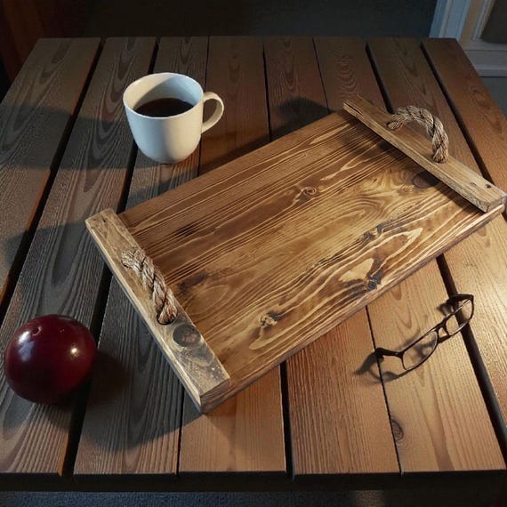Rustic Reclaimed Wood Butler Tray with Rope Handles