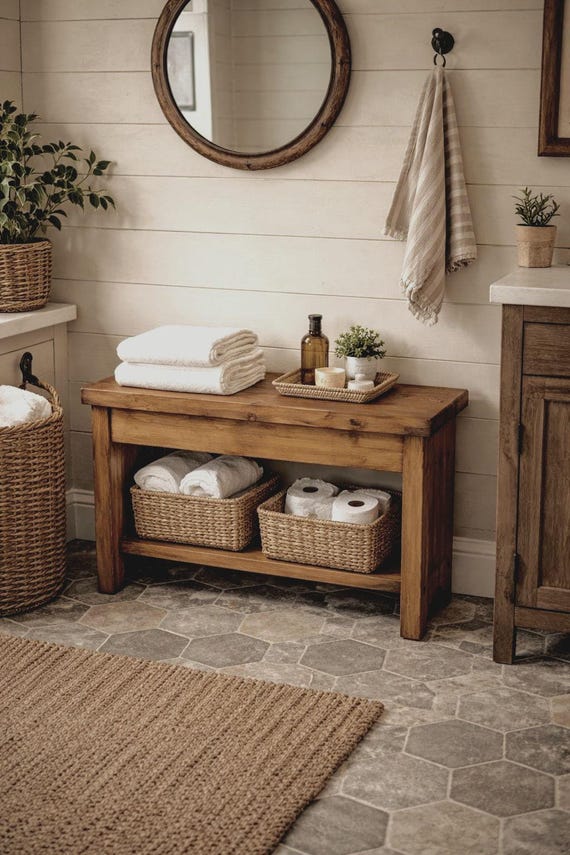 Handmade Solid Wood Rustic Bench: Farmhouse Entryway Seating, Natural Grain Accent
