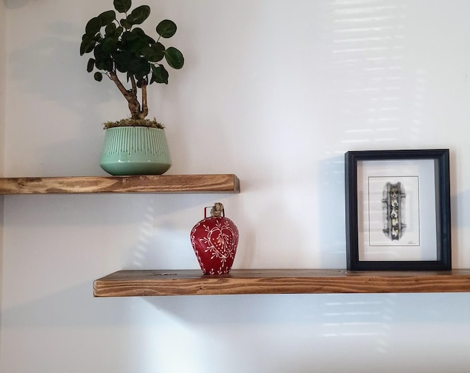 Handmade Rustic Wood Floating Shelf. 20cm deep 35mm wide with fixings.  Various wax finishes.