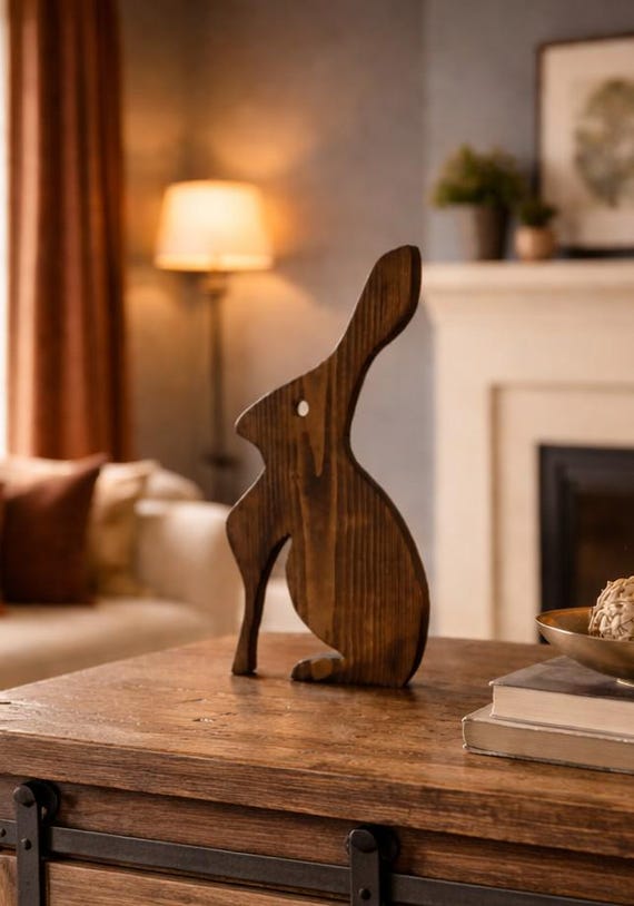 Handmade Solid Wood Hare Ornament | Rustic Farmhouse Bunny Shelf Decor