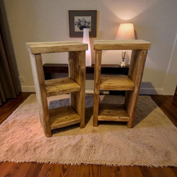 A Pair of Handmade Rustic Cottage End Tables – Reclaimed Wood with Display & Small Storage