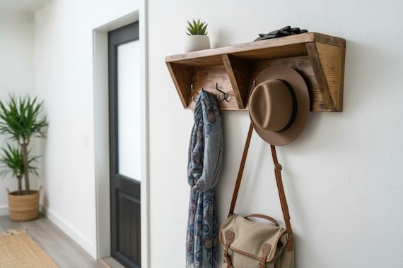 Rustic Coat Rack - Clothing Shelf Vintage Cast Iron Hooks