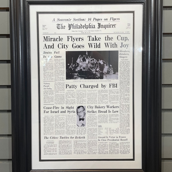 1974 Philadelphia Flyers Stanley Cup Champion Framed Front Page Newspaper Print